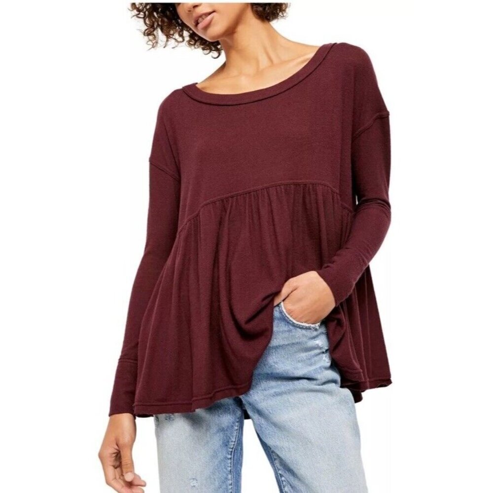 Free People Forever Your Girl T-Shirt Red Garnet Women's Small Boho Peasant